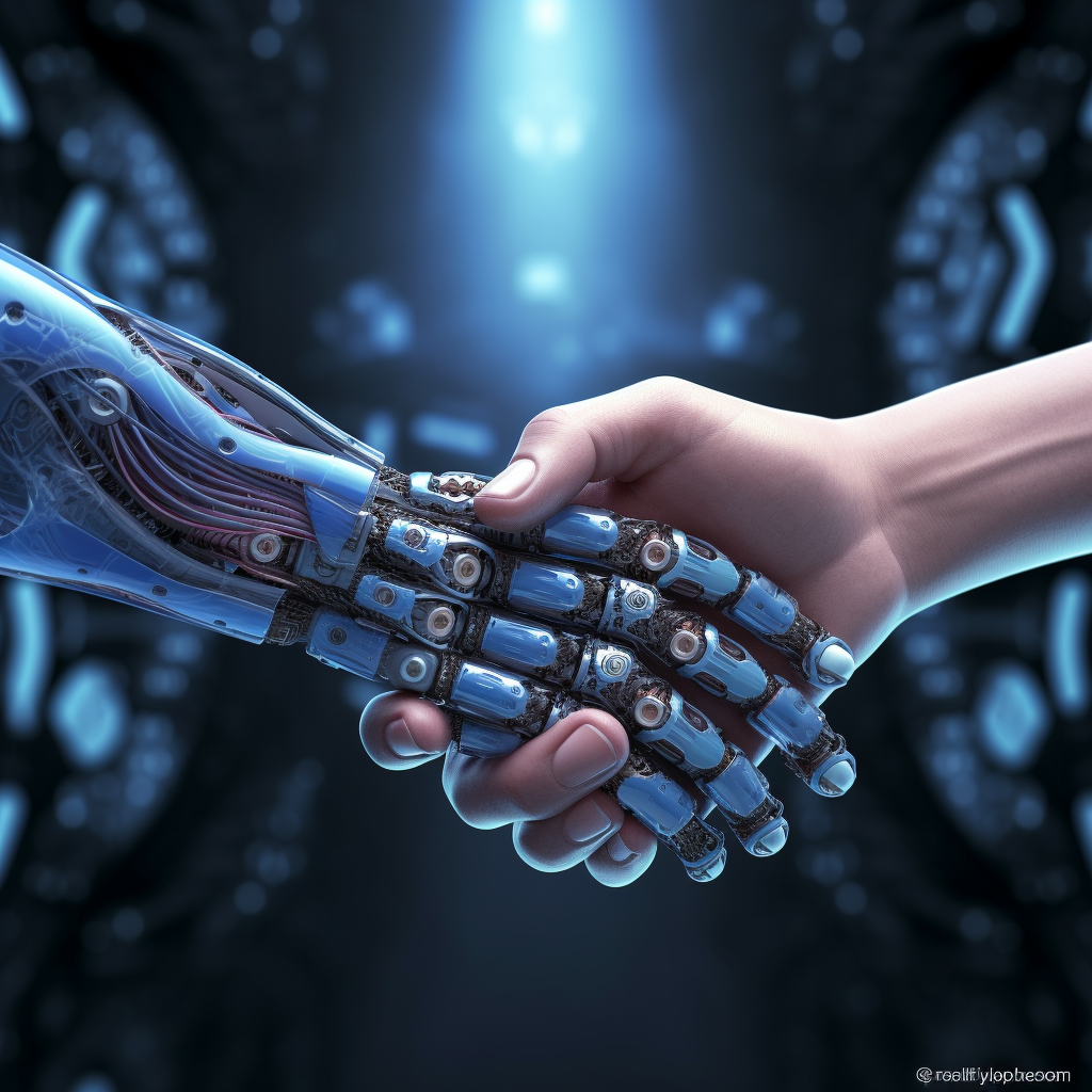 Human hand shakes robot hand